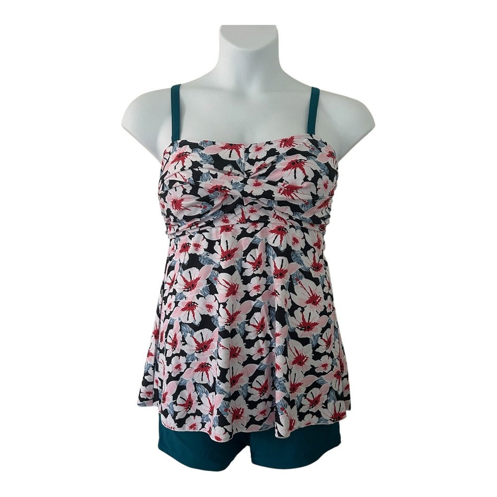 Women's Teal Two-Piece Adjustable Tankini Boy Shorts Modest Swimsuit Padded NWOT